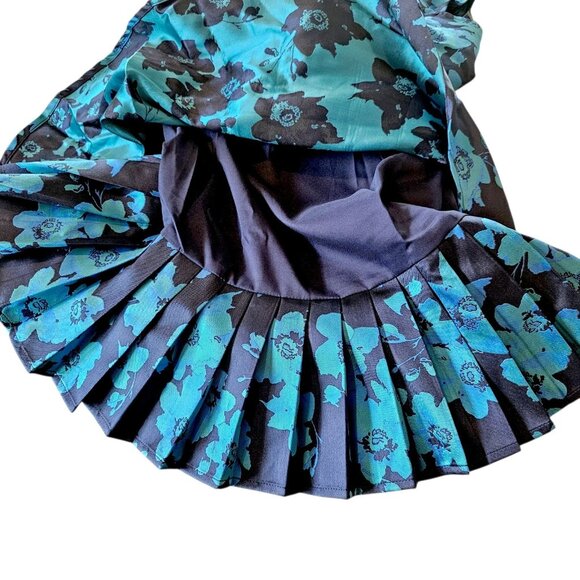 Lulus Satin Mini Dress Navy Blue Teal Pleated Floral Fit n Flare Sz M NWT Formal - Picture 7 of 11